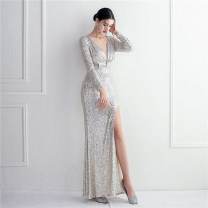 Mesh Panel Slit Gown Deep Evening Sequin Mermaid Plunge Long-Sleeve