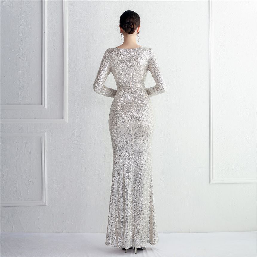 Mesh Panel Slit Gown Deep Evening Sequin Mermaid Plunge Long-Sleeve