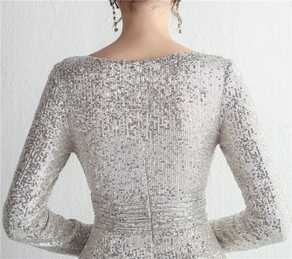 Mesh Panel Slit Gown Deep Evening Sequin Mermaid Plunge Long-Sleeve