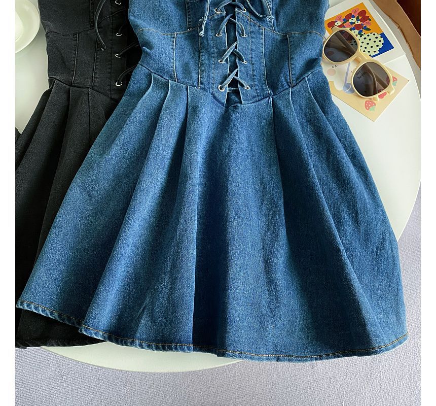 Spaghetti Strap Plain Lace-Up Denim Mini A-Line Dress