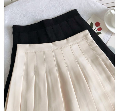High Rise Plain Pleated Mini A-Line Skirt
