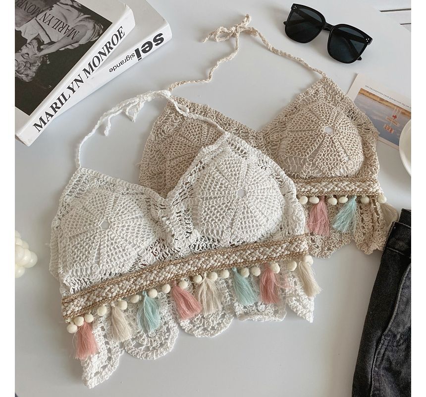 Brassière en tricot crocheté à pompons et licou