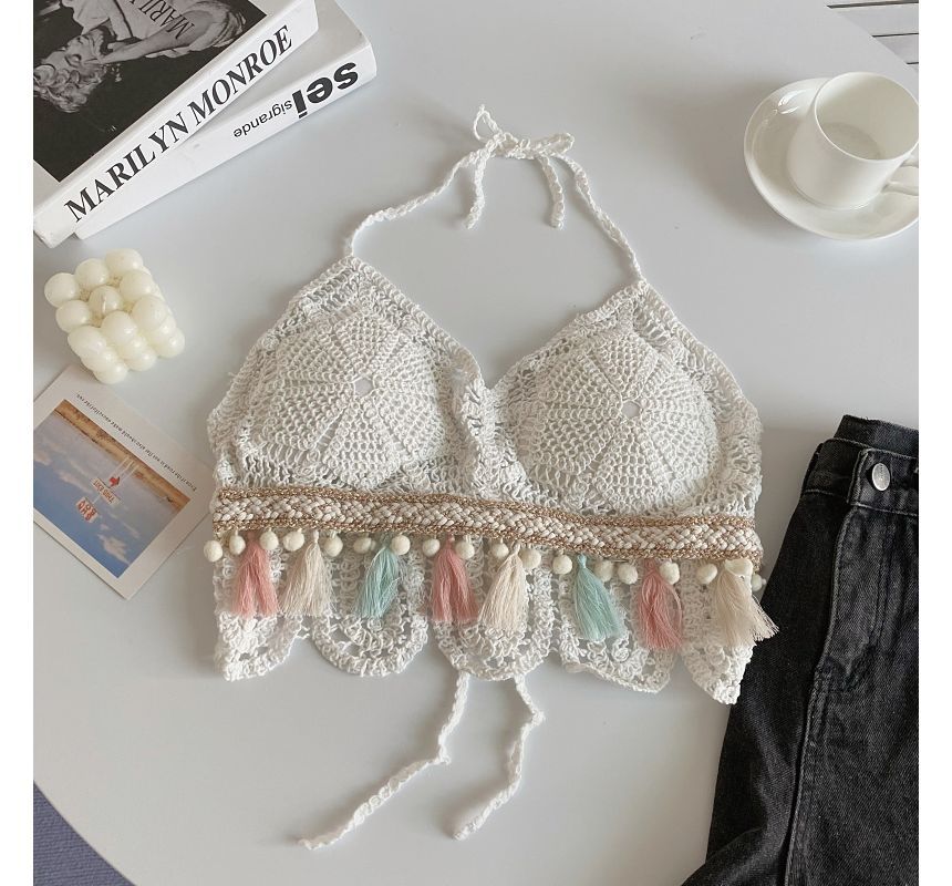 Brassière en tricot crocheté à pompons et licou