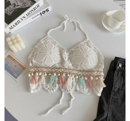 Halter Tassel Crochet Knit Bralette