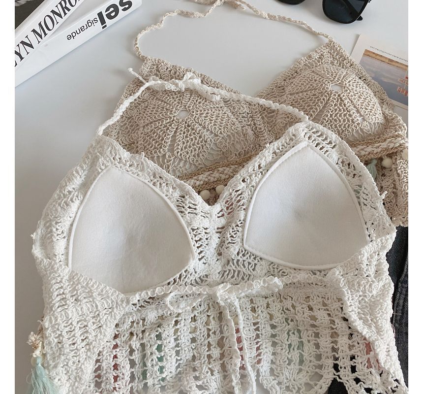 Brassière en tricot crocheté à pompons et licou