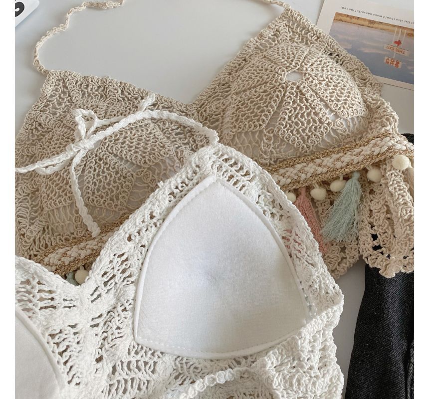 Brassière en tricot crocheté à pompons et licou