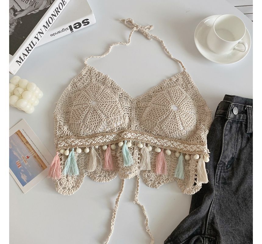 Brassière en tricot crocheté à pompons et licou