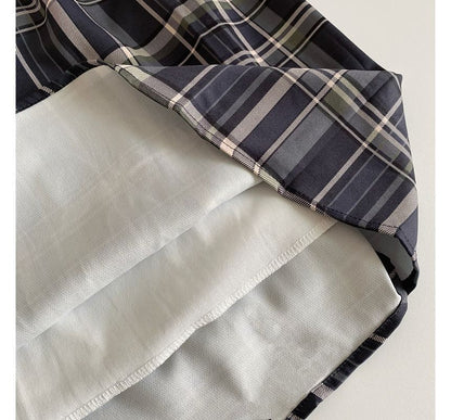 Kurzärmliges, schulterfreies, kariertes Mini-A-Linienkleid