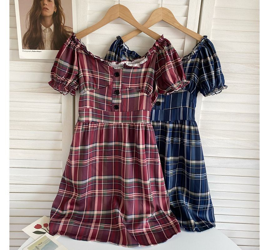 Short-Sleeve Off-Shoulder Plaid Mini A-Line Dress