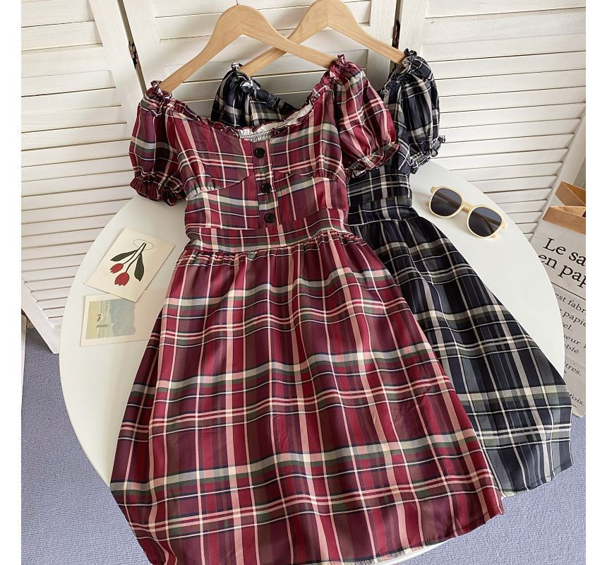 Short-Sleeve Off-Shoulder Plaid Mini A-Line Dress