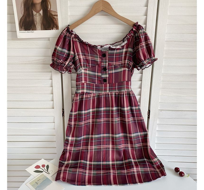 Short-Sleeve Off-Shoulder Plaid Mini A-Line Dress