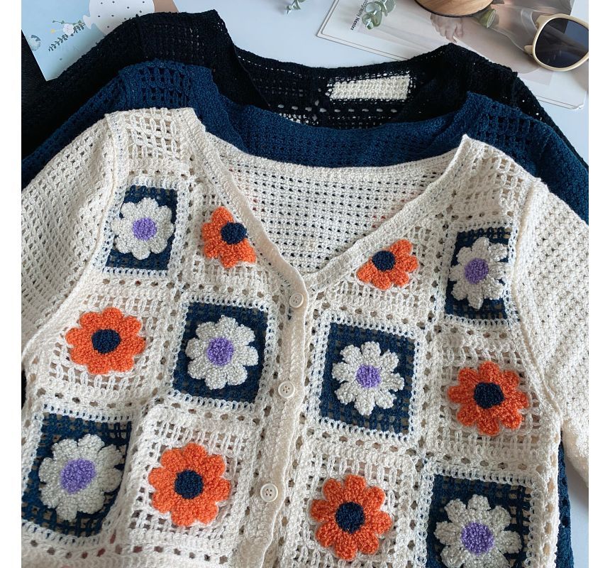 Short-Sleeve V-Neck Floral Crochet Knit Crop Cardigan