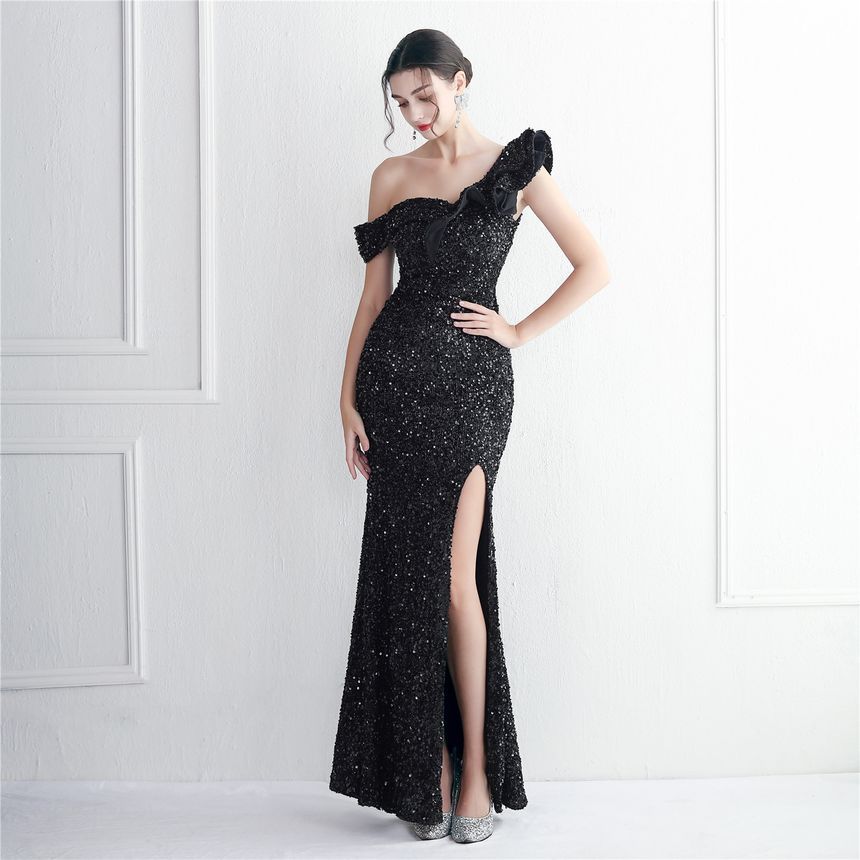 Shoulder Sleeveless Mermaid Gown Plain Ruffle One Evening Slit Sequin