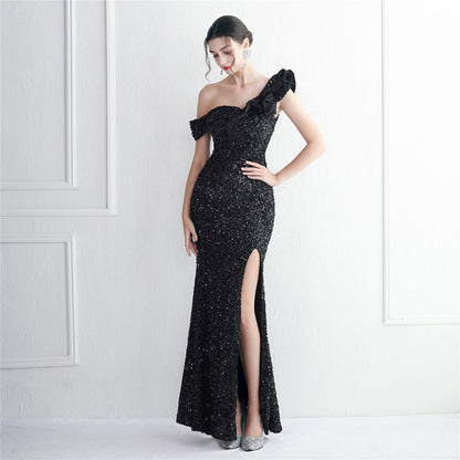 Shoulder Sleeveless Mermaid Gown Plain Ruffle One Evening Slit Sequin