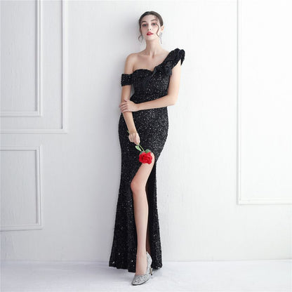 Shoulder Sleeveless Mermaid Gown Plain Ruffle One Evening Slit Sequin