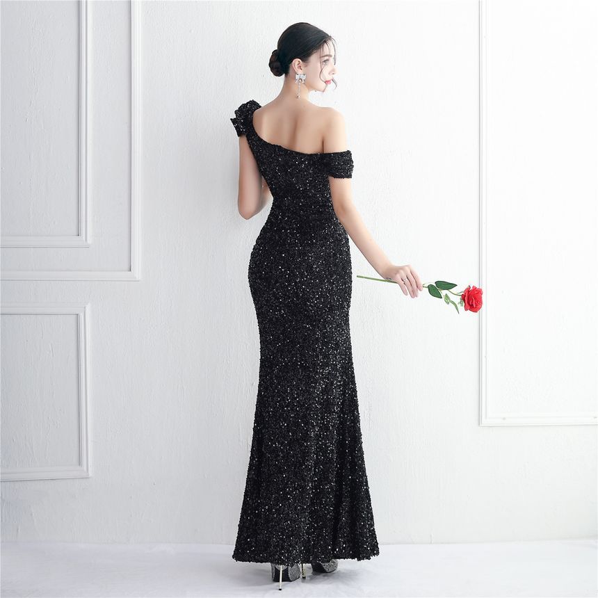 Shoulder Sleeveless Mermaid Gown Plain Ruffle One Evening Slit Sequin
