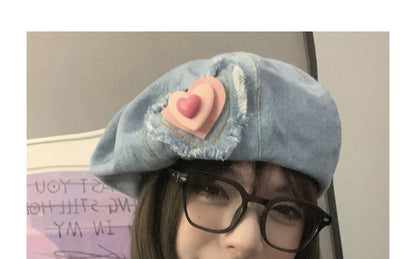 Heart Denim Beret Hat