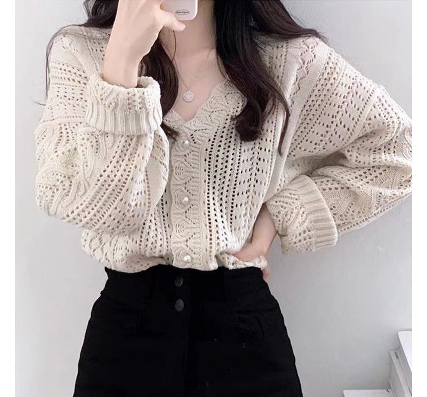 Plain Pointelle-Strickcardigan mit V-Ausschnitt