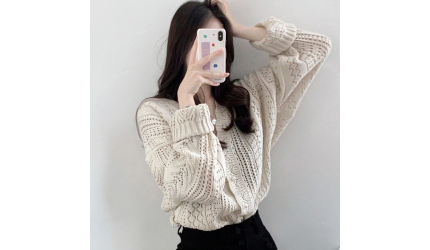 V-Neck Plain Pointelle Knit Cardigan