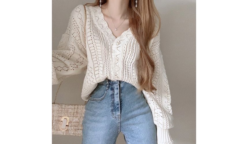 V-Neck Plain Pointelle Knit Cardigan