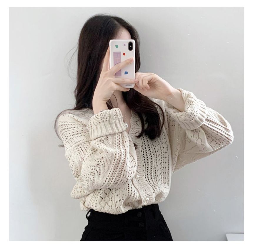 V-Neck Plain Pointelle Knit Cardigan