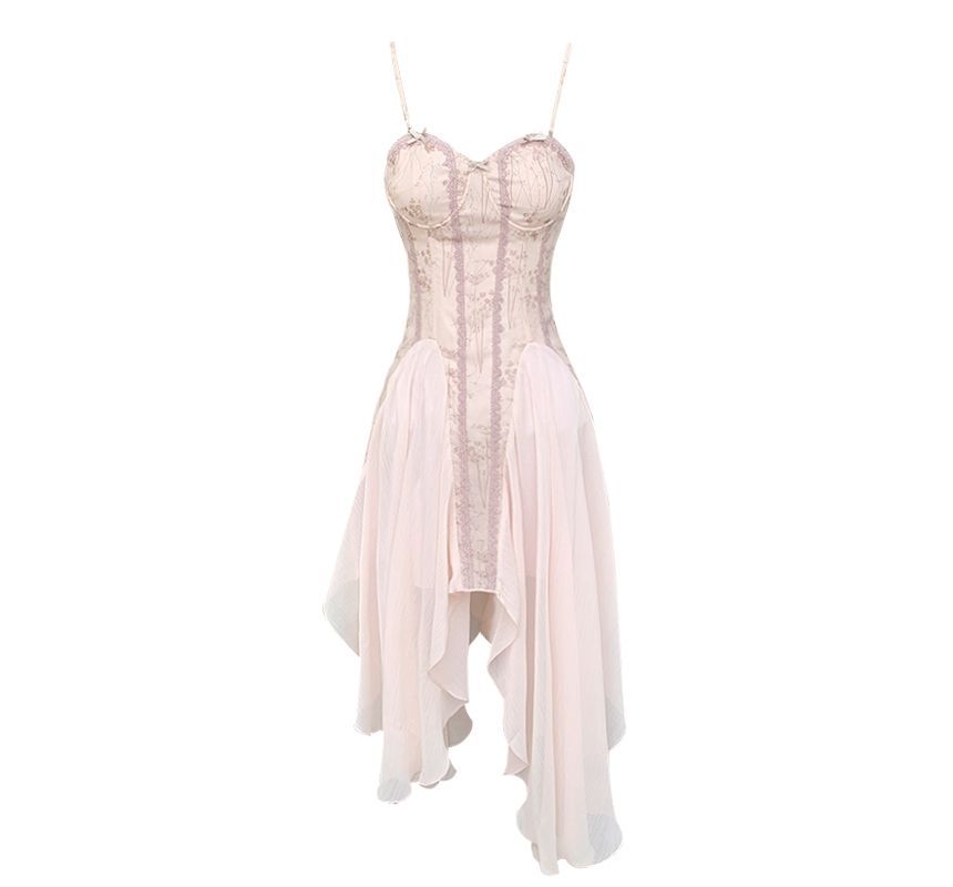 Robe corset trapèze asymétrique à bretelles spaghetti et empiècement en maille florale