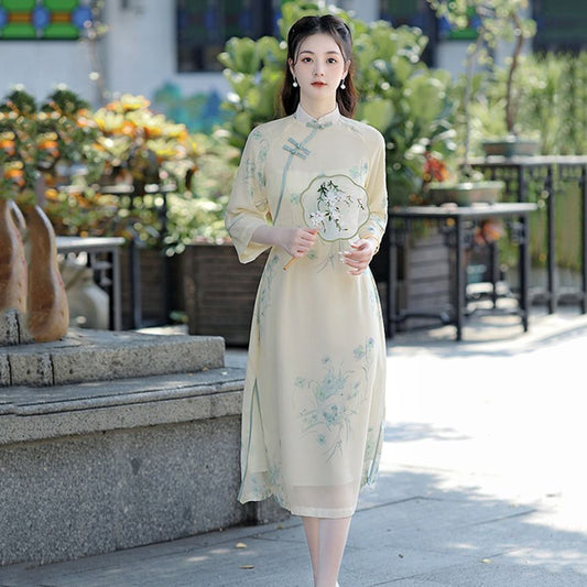 3/4-Sleeve Floral Midi Qipao
