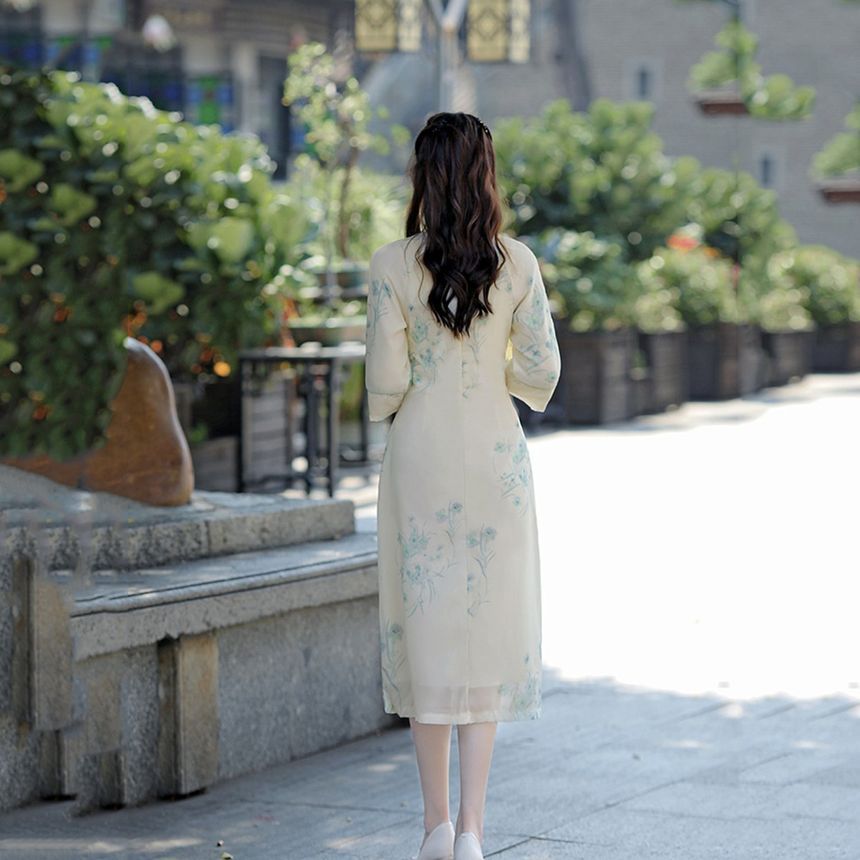 3/4-Sleeve Floral Midi Qipao