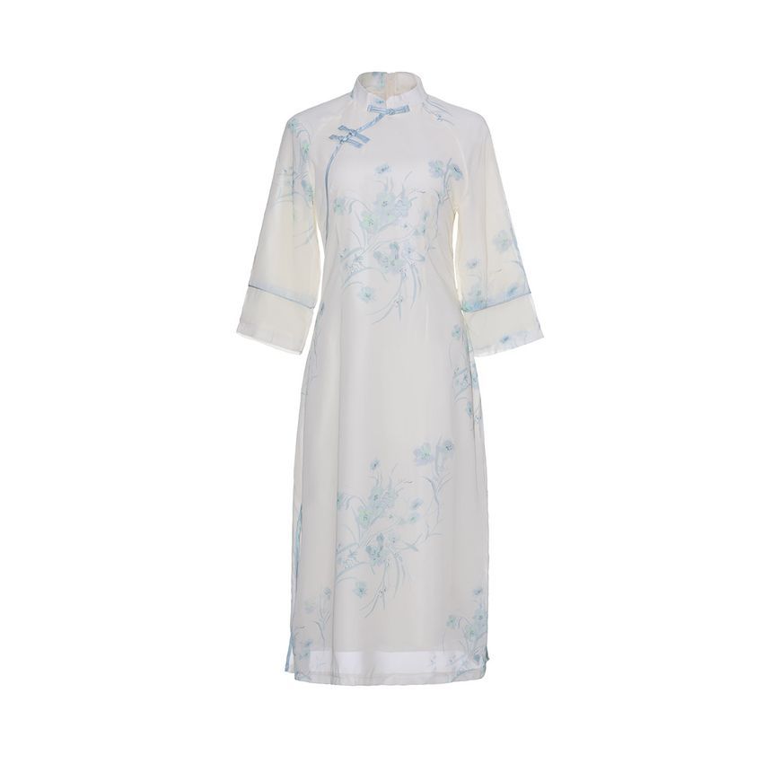 3/4-Sleeve Floral Midi Qipao