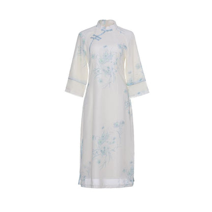 3/4-Sleeve Floral Midi Qipao