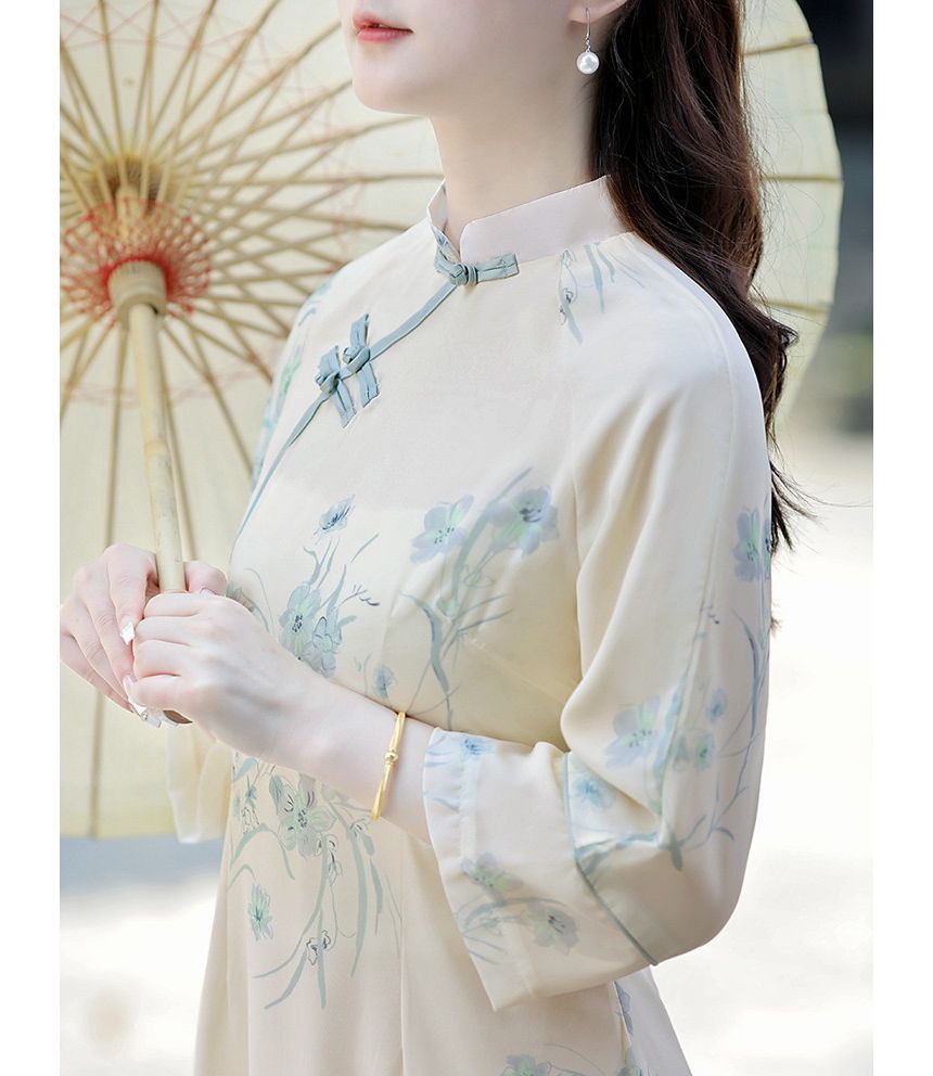 3/4-Sleeve Floral Midi Qipao