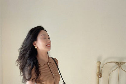 Short-Sleeve Plain Knit Midi Sheath Polo Dress