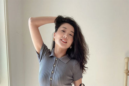 Plain Knit Dress Polo Midi Short-Sleeve Sheath