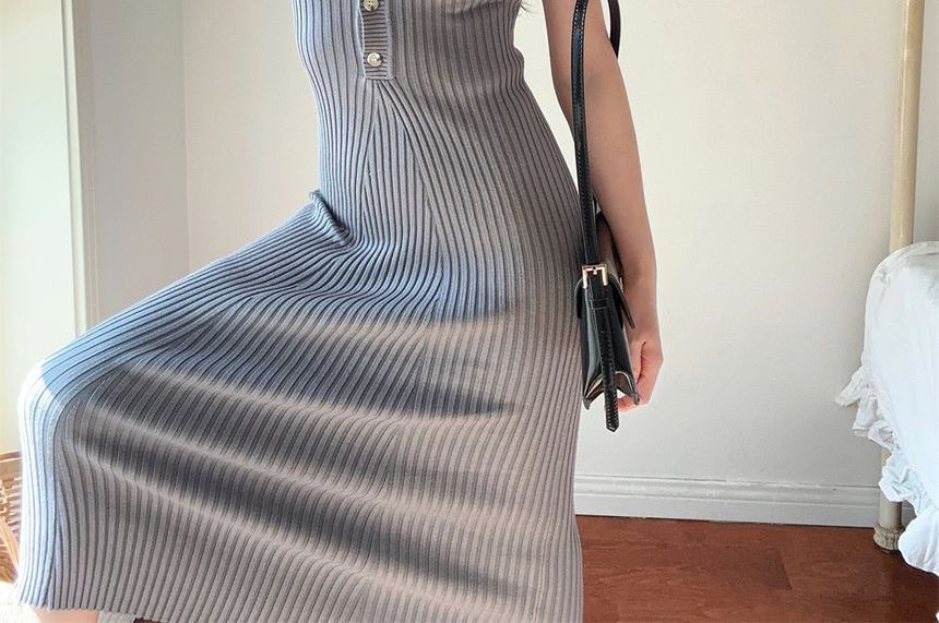 Short-Sleeve Plain Knit Midi Sheath Polo Dress