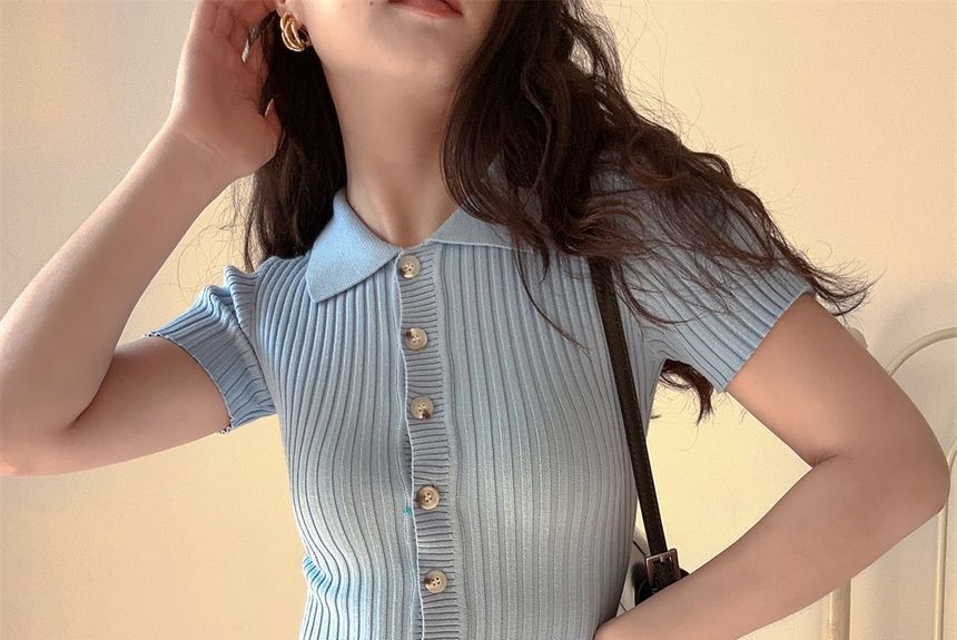 Short-Sleeve Plain Knit Midi Sheath Polo Dress