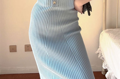 Short-Sleeve Plain Knit Midi Sheath Polo Dress