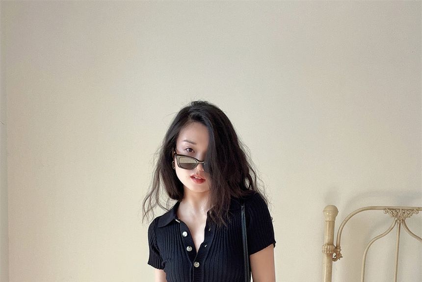 Short-Sleeve Plain Knit Midi Sheath Polo Dress