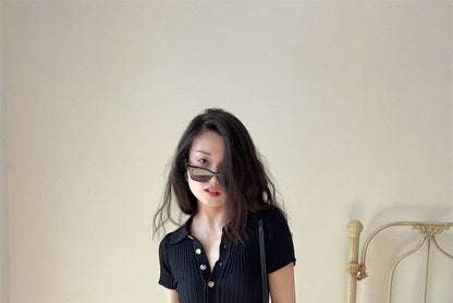 Plain Knit Dress Polo Midi Short-Sleeve Sheath