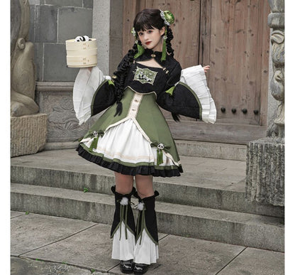 Kurze Lolita-Bluse mit ausgestellten Ärmeln und Panda-Stickerei / zweifarbiges Trägerkleid mit Schleife / Beinstulpen mit Rüschen / Set