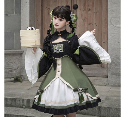 Kurze Lolita-Bluse mit ausgestellten Ärmeln und Panda-Stickerei / zweifarbiges Trägerkleid mit Schleife / Beinstulpen mit Rüschen / Set