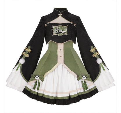 Kurze Lolita-Bluse mit ausgestellten Ärmeln und Panda-Stickerei / zweifarbiges Trägerkleid mit Schleife / Beinstulpen mit Rüschen / Set
