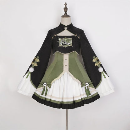 Kurze Lolita-Bluse mit ausgestellten Ärmeln und Panda-Stickerei / zweifarbiges Trägerkleid mit Schleife / Beinstulpen mit Rüschen / Set