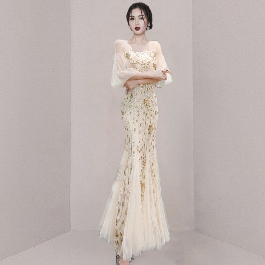 Mermaid Short-Sleeve Gown Mesh Print Evening Panel