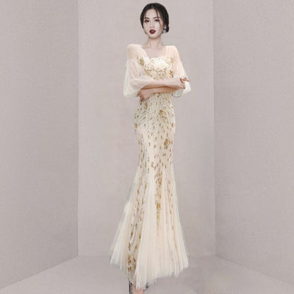 Mermaid Short-Sleeve Gown Mesh Print Evening Panel