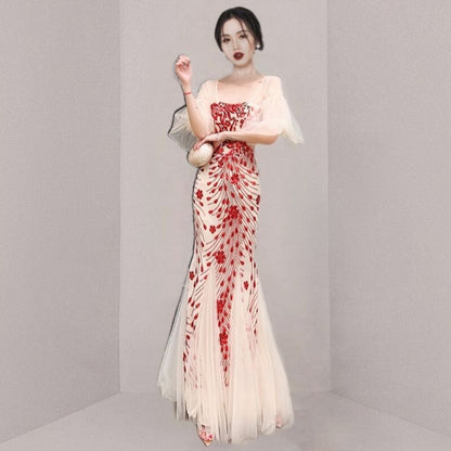 Mermaid Short-Sleeve Gown Mesh Print Evening Panel