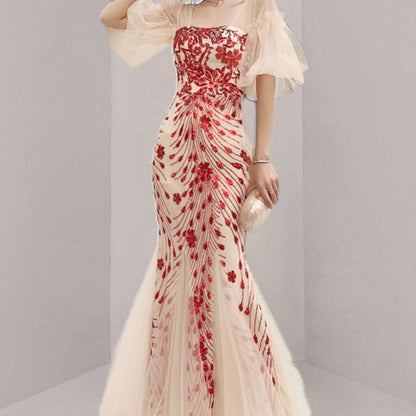 Mermaid Short-Sleeve Gown Mesh Print Evening Panel
