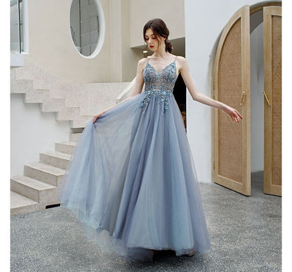 Floral Spaghetti Evening A-Line Rhinestone Gown Strap