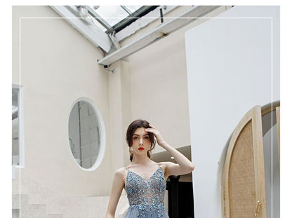 Spaghetti Strap Rhinestone Floral A-Line Evening Gown