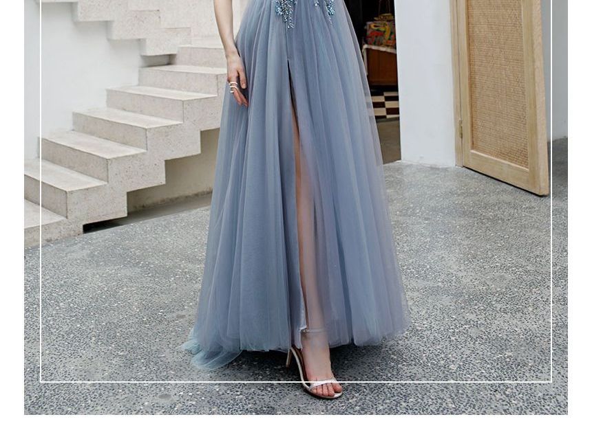 Spaghetti Strap Rhinestone Floral A-Line Evening Gown