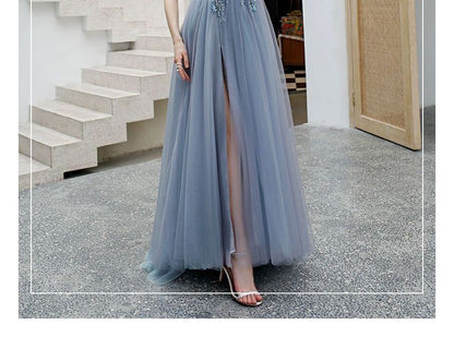 Spaghetti Strap Rhinestone Floral A-Line Evening Gown